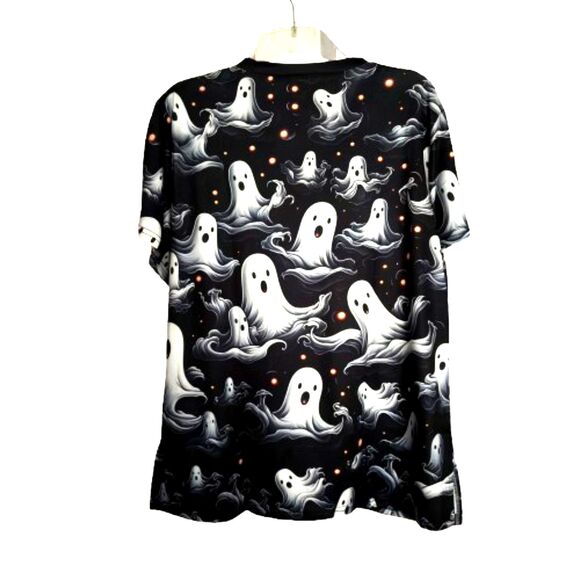 Woman's XXL Nurse Scrub Cute Ghostly Print V-Neck Front Pockets Scrub Top #B - Picture 2 of 5